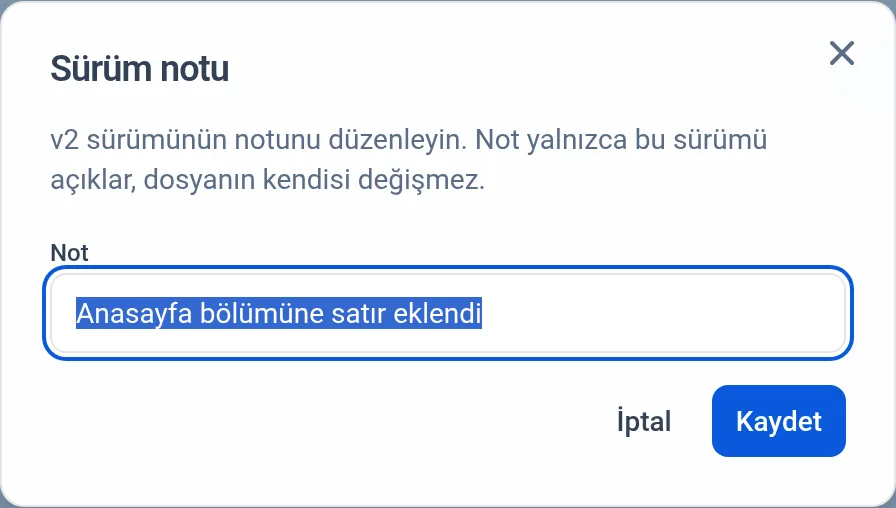 Sürüm notu penceresi