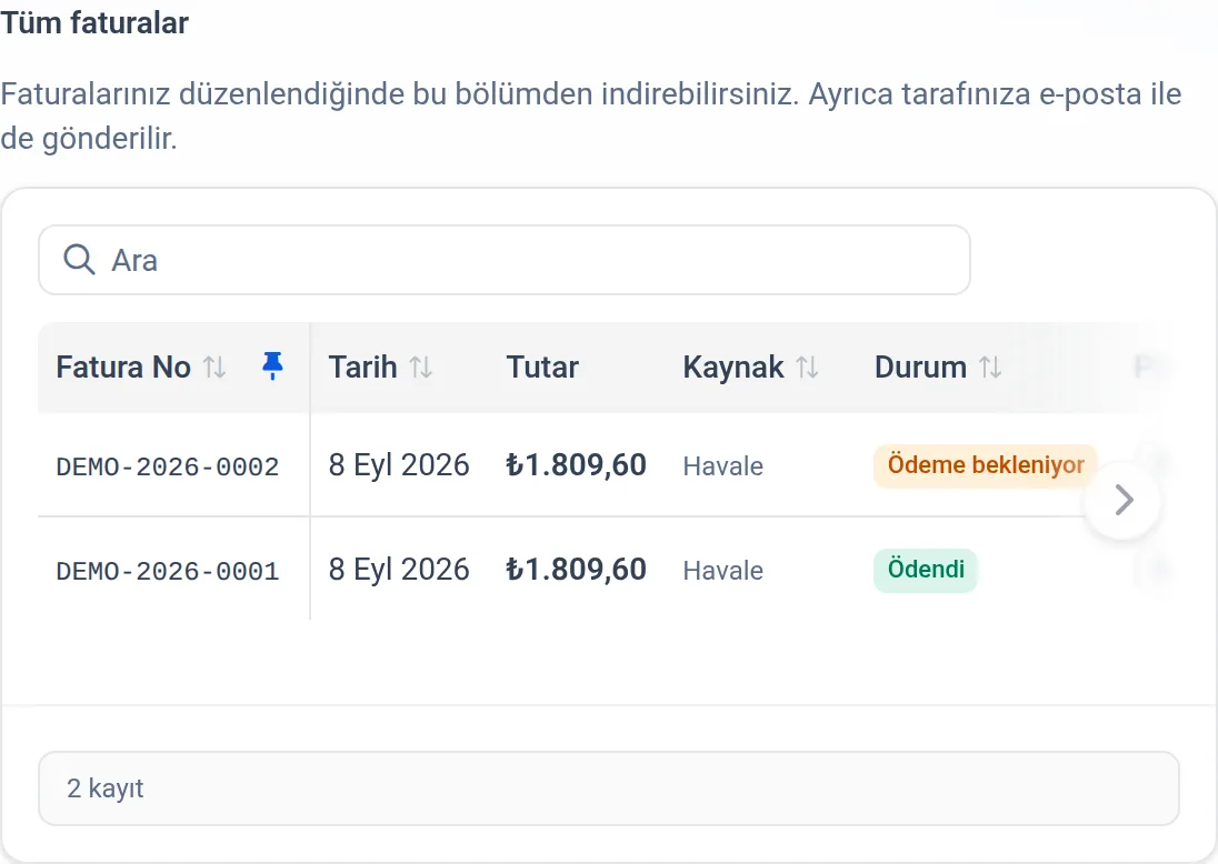 Faturalar bölümü: ödemesi bekleyen fatura üstte, tüm faturalar altta