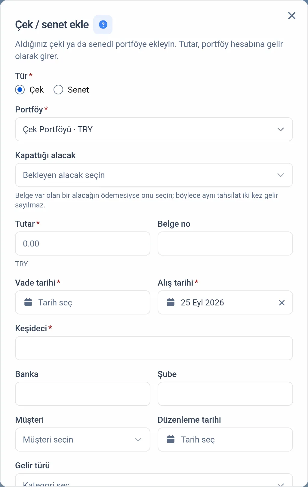 Çek / senet ekle penceresi