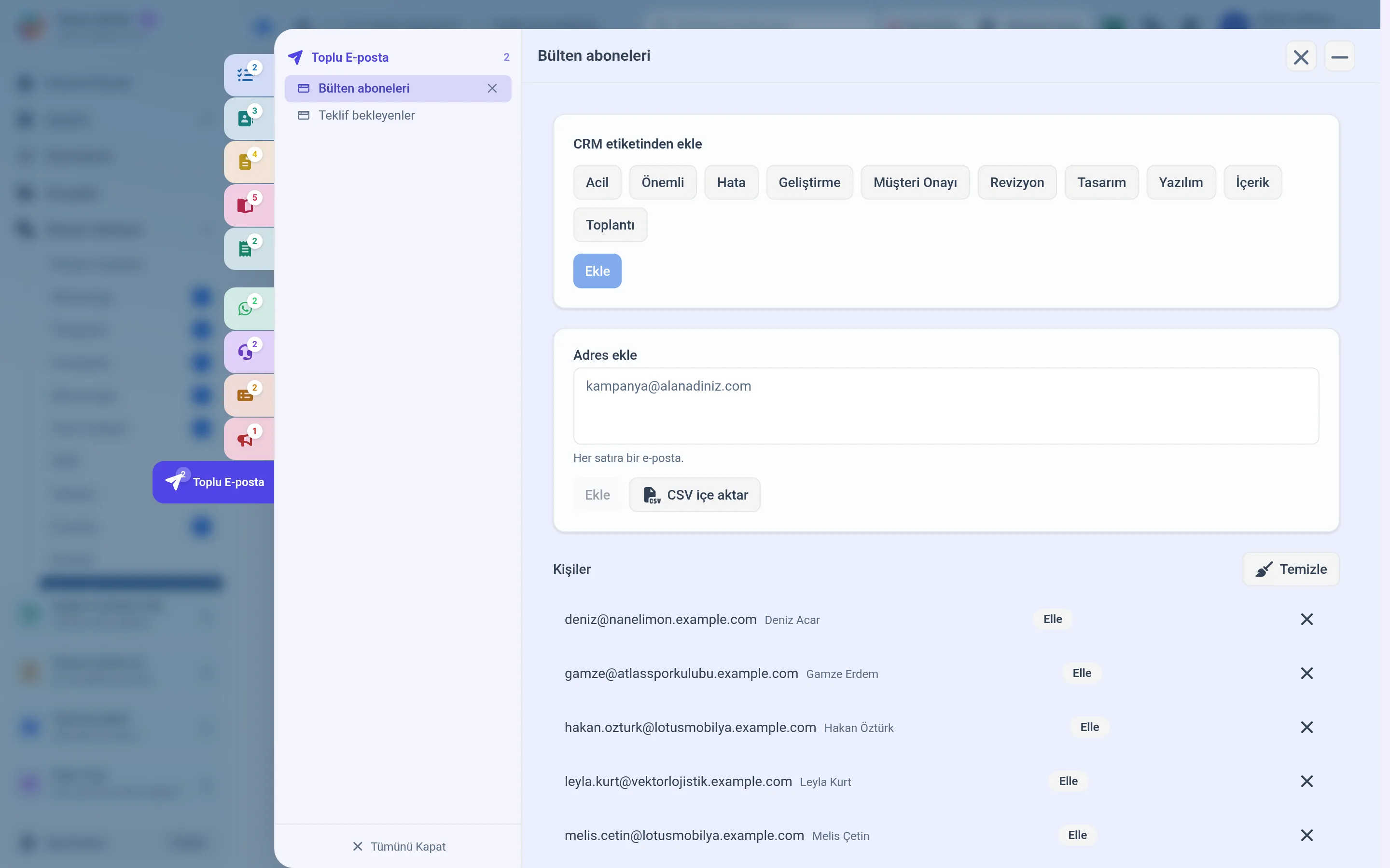 Statik liste detayı: CRM etiketinden ekleme, adres ekleme kutusu, CSV içe aktarma ve kişiler listesi