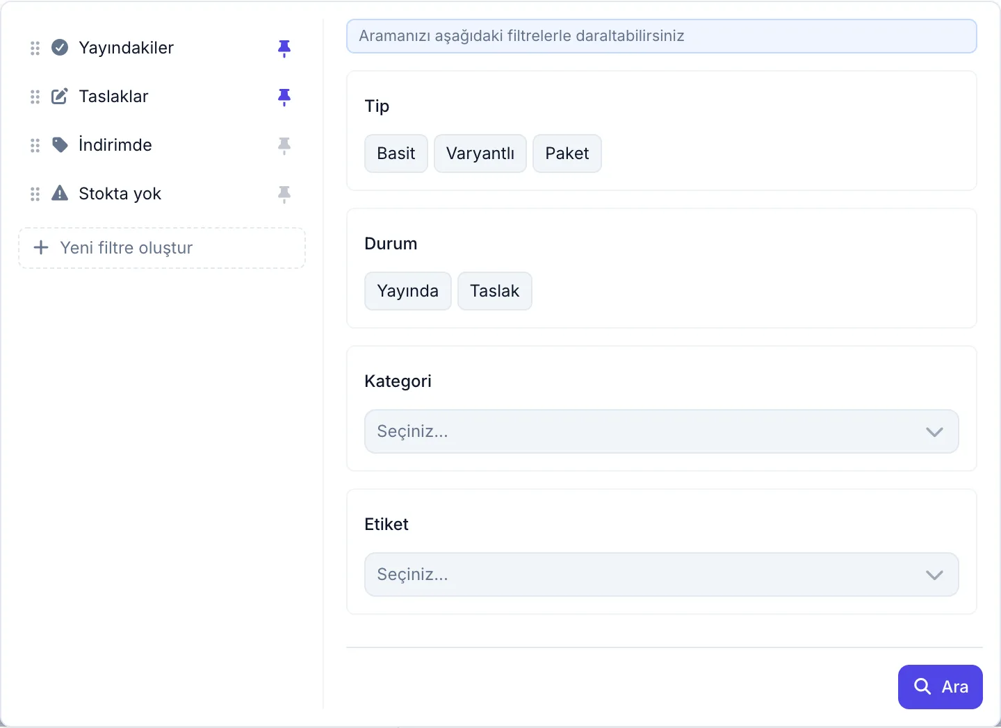 Ürün filtreleri